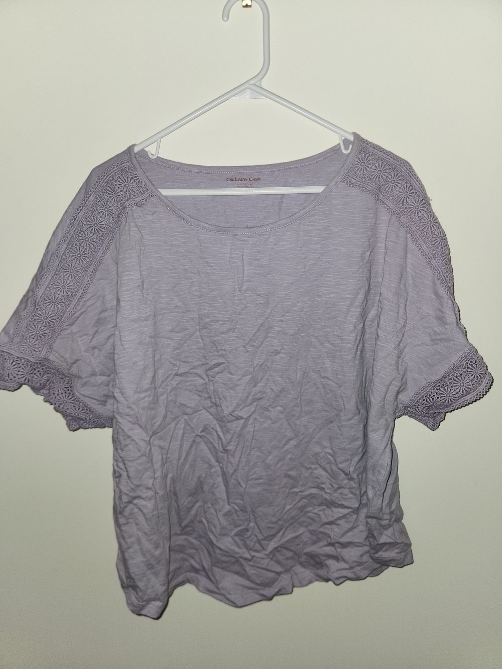 Coldwater Creek Light Lavender Crochet-Trim Short Sleeve Top